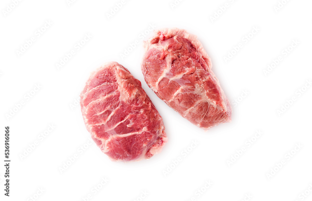 Fresh piece of meat cut from the Iberian pork cheek on white background. - obrazy, fototapety, plakaty 