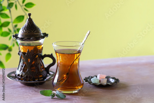 Turkish tea in traditional cups with copy space