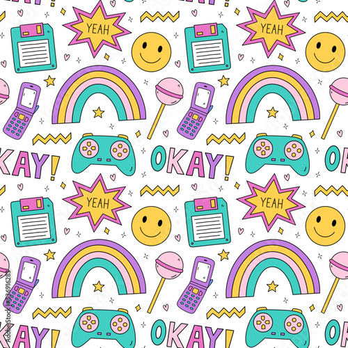 Bright seamless pattern with items from the nineties - retro flip phone, joystick, floppy disk, smile, chupa chups, stars and rainbows on checkered background. Nostalgia for the 1990s. Funny print.