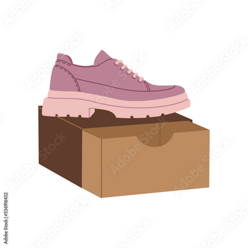 Pink woman loafers on the box. Stylish lace-up shoes. Comfortable casual footwear. Hand drawn vector illustration isolated on white background. Modern flat cartoon style.