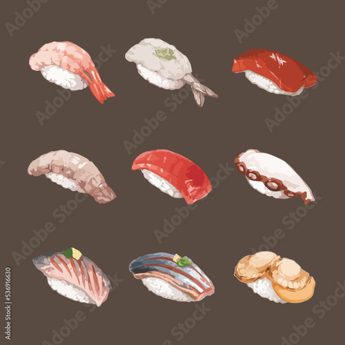 Set of Watercolor Sushi Vector Illustration