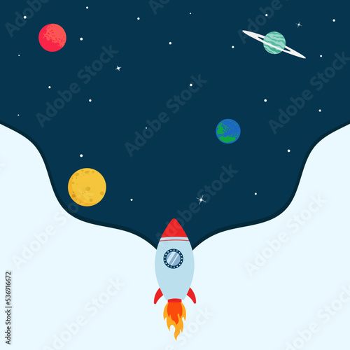 Cartoon space background invitation template with rocket planets and stars. Colorful vector illustration for baby boy, kids birthday party poster, card design, website, start up, copy space for text.