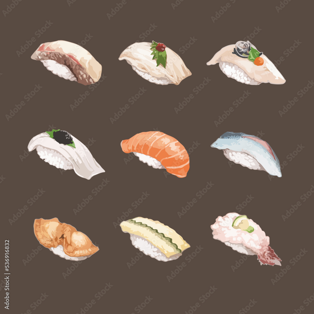 Set of Watercolor Sushi Vector Illustration