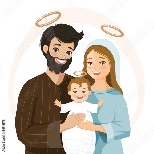 Smiling holy Family. Nativity scene. Birth of Christ. Christmas season