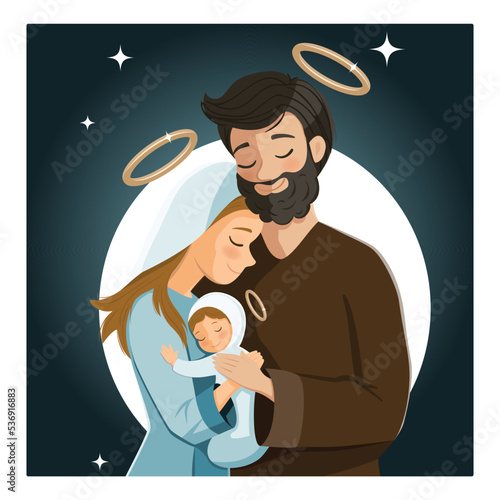 Holy Family. Nativity night scene. Birth of Christ. Christmas season