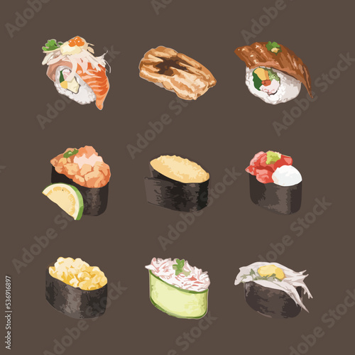 Set of Watercolor Sushi Vector Illustration