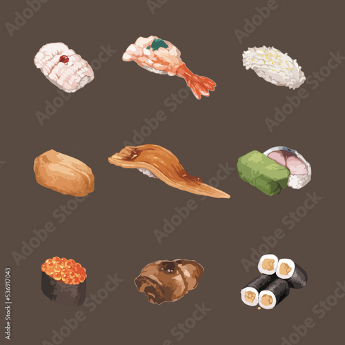 Set of Watercolor Sushi Vector Illustration