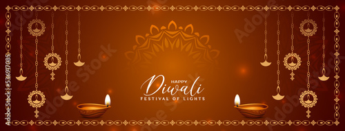 Beautiful Happy Diwali festival greeting banner with hanging lamps design