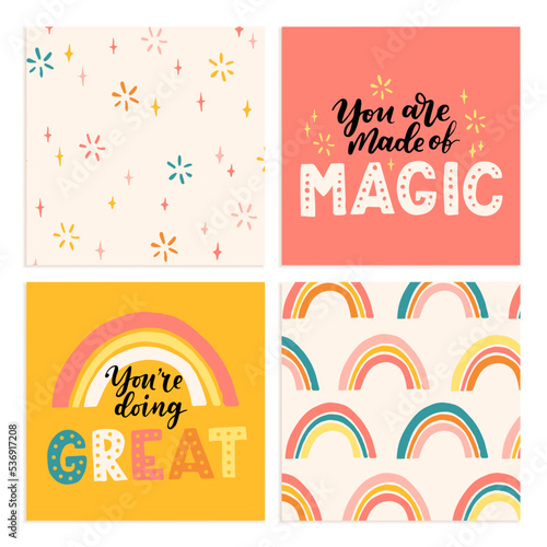 Hand drawn lettering motivational quotes set. Inscriptions and cute pattern. Perfect design for greeting cards, posters, T-shirts, banners, print invitations. Self care concept.