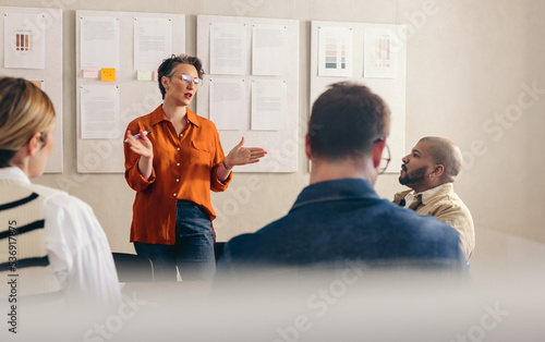 Mature busineswoman pitching her idea to her team photo