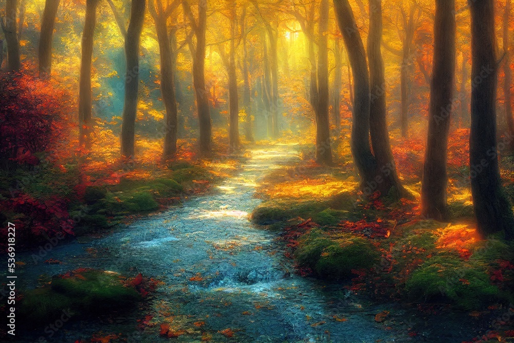 A 3D rendered autumn forest in the fall. Natural landscape meant to look like photorealism. Leaves falling from the trees and changing colors with the season.