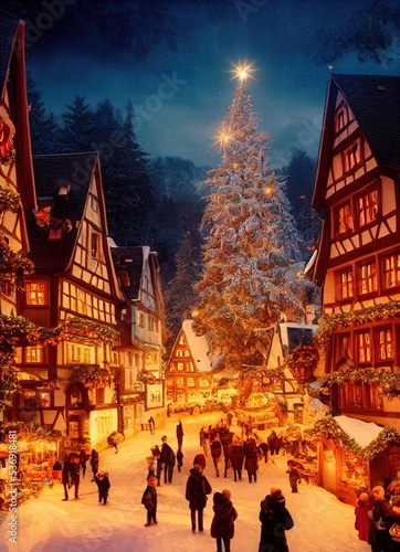 3D rendered computer generated image made to look like a digital oil painting. Holiday village during the winter. Christmas time in a small rural town