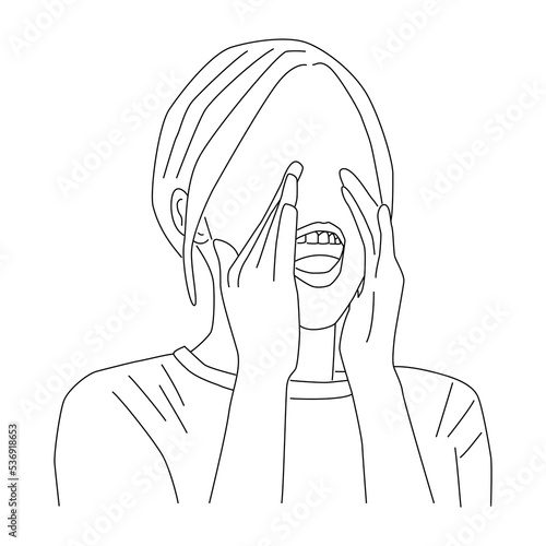 Line art of girl yelling out loud cartoon vector.