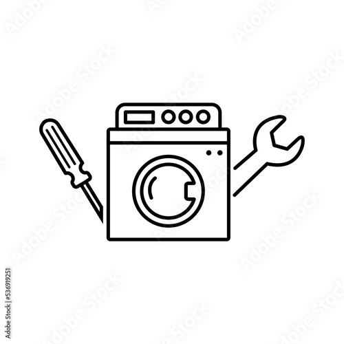 Washing machine repair service illustration in line style. Plumbing services, household appliances repair icon.