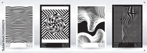 Geometrical Poster Design with Optical Illusion Effect.  Minimal Psychedelic Cover Page Collection. Monochrome Wave Lines Background. Fluid Stripes Art. Swiss Design. Vector Illustration for Placard.