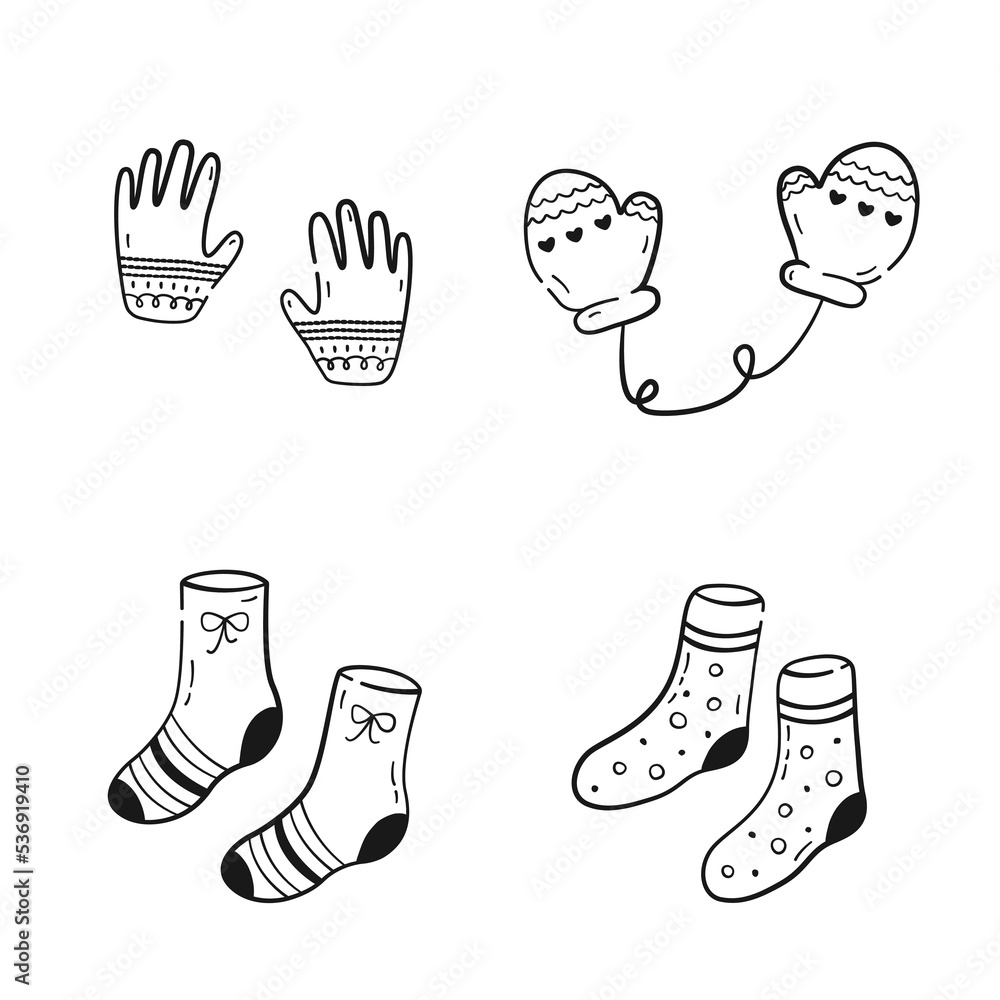 Set of clothes in black linear drawing style. Cute cozy mittens, socks and gloves. Vector illustration isolated on white background Set of clothes in black linear drawing style. Cute cozy mittens, socks and gloves. Vector illustration isolated on white background
