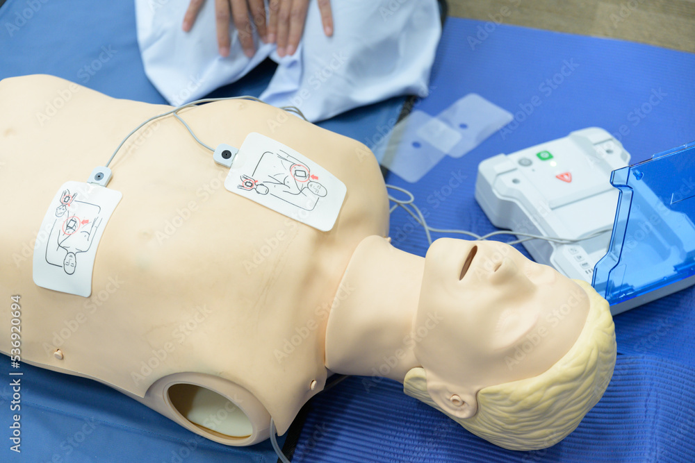 Demonstrating Automated External Defibrillator, AED technic .Doctor and