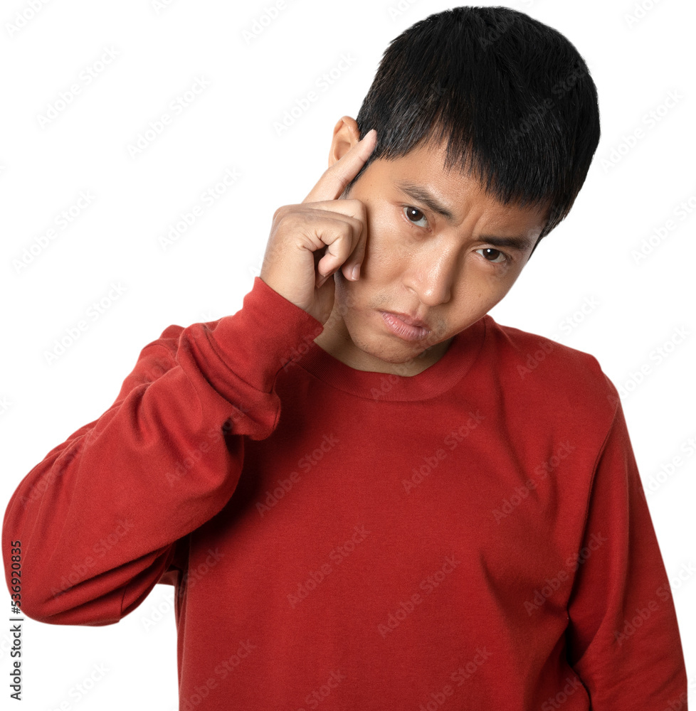 Portrait of young man thinking gesture sign. Portrait of young man thinking gesture sign.
