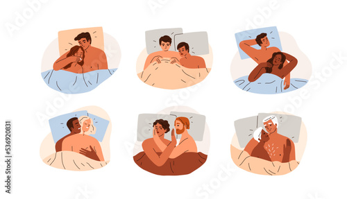 Sex and intimacy concept. Lovers couple in good and bad sexual intimate relationships, libido set. Love partners, people in beds. Flat graphic vector illustrations isolated on white background