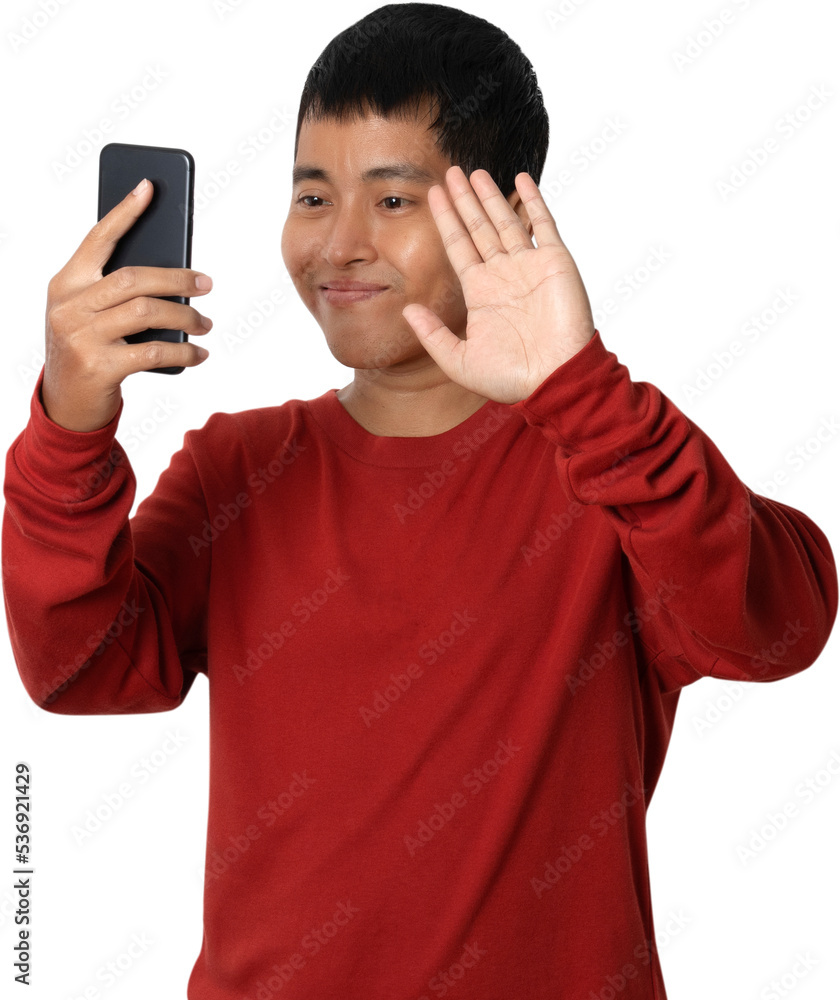 Young man having video-call with holding smart phone in hand shooting selfie. Young man having video-call with holding smart phone in hand shooting selfie.