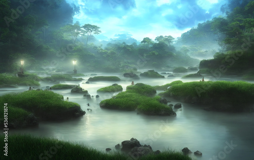 Beautiful Lush Green Scenery Lake and River Photomanipulation. 3D rendering