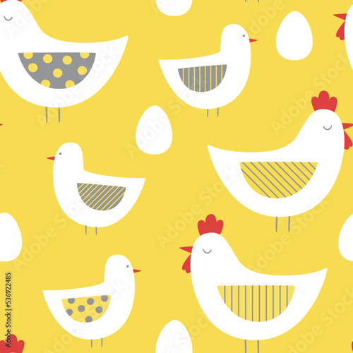 Seamless pattern with cute chickens, eggs in cartoon style. Stylized birds and eggs on yellow background. Hand drawn design for textiles, clothing, bed linen, office supplies.