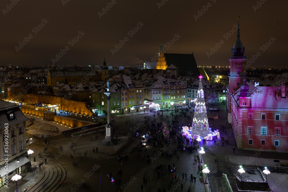 Beautiful Christmas tree on Palace Square of Warsaw in the evening, the top view