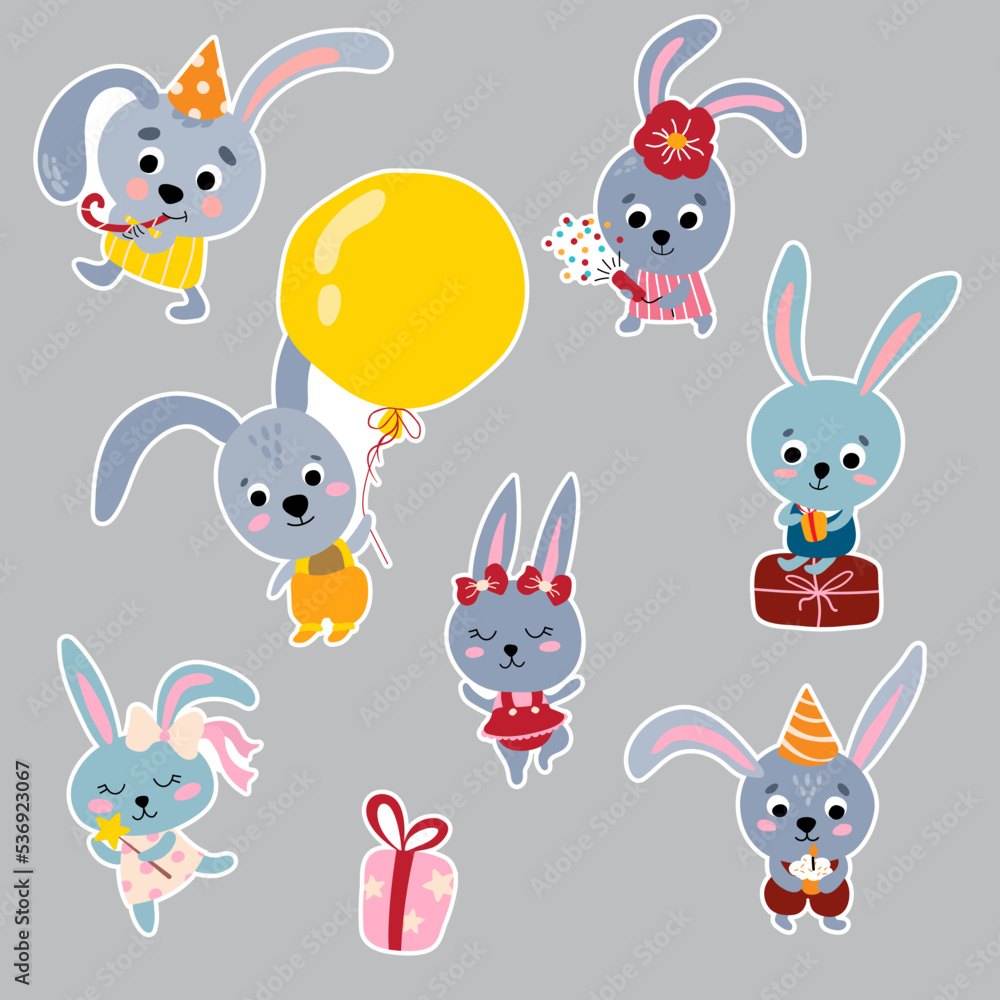 Obraz premium Set of stickers of hares. Bunny party.