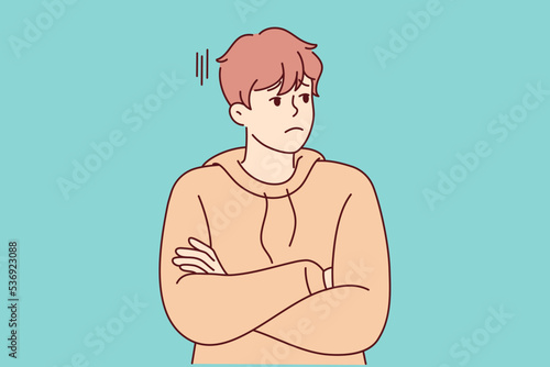 Unhappy young man look aside feeling bored and distressed. Upset millennial guy unsatisfied with news or situation. Stress and loneliness. Vector illustration. 