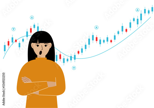 A woman on the background of a Forex chart. Conceptual illustration on the topic of strategic planning in trading on the stock exchange.