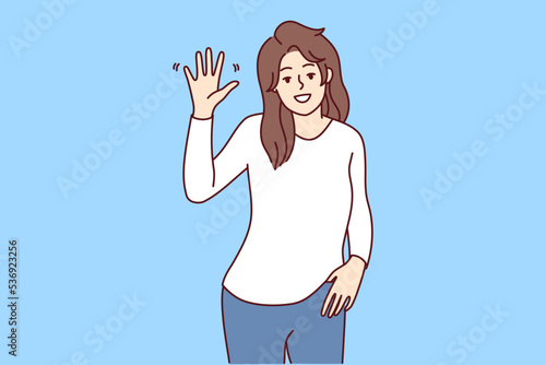 Portrait of smiling young woman wave with hand feeling overjoyed and optimistic. Happy female make hand gesture greeting or welcoming. Vector illustration. 