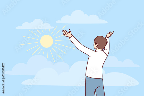 Happy young man stretch hands welcome sun in nature. Smiling female recovered from psychological mental problems excited with happy life. Vector illustration. 