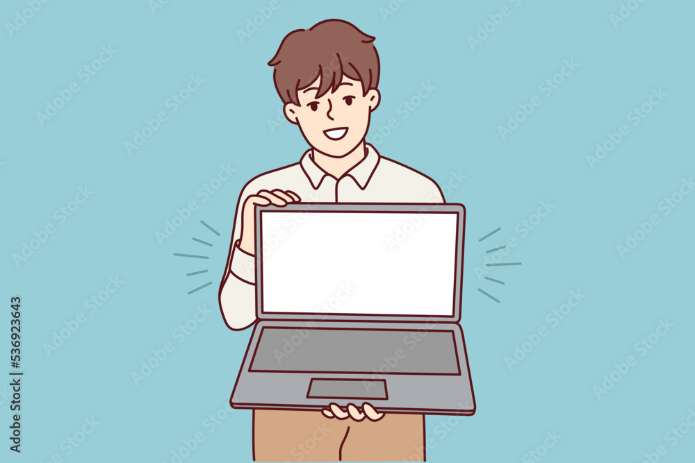 Smiling young man holding laptop with mockup screen. Happy male show empty blank copy space on computer display. Vector illustration. Smiling young man holding laptop with mockup screen. Happy male show empty blank copy space on computer display. Vector illustration.
