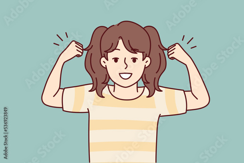 Cute small girl show muscles feeling powerful and strong. Smiling teen girl child demonstrate strength and power. Vector illustration. 