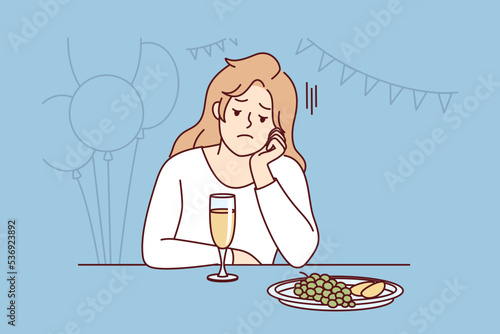 Bored young woman sit alone at party lack communication. Unhappy stressed girl feel lonely at celebration. Loneliness and solitude. Vector illustration. 