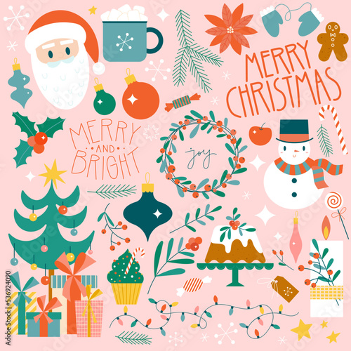 Christmas set of cute flat illustrations. Santa, Xmas tree, gifts and sweet and floral design elements in retro pinky style. Perfect for greeting cards, invitations, posters.