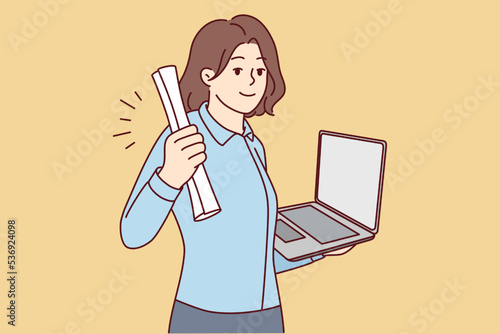 Smiling young woman holding diploma and laptop in hands graduate from university online. Happy female student excited with college graduation remotely. Vector illustration. 