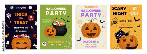 Halloween poster or invitation set. Flyers design template with creepy pumpkin for night party