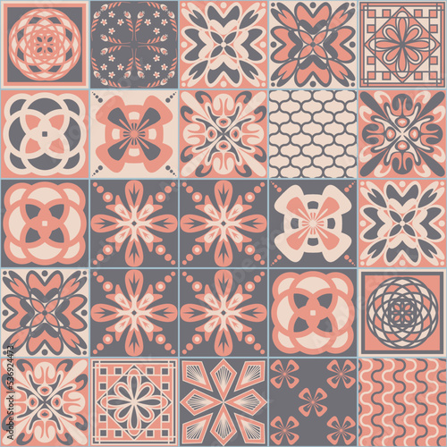 Azulejo talavera ceramic tile majolica pattern, pink gray traditional pastel background, vector illustration