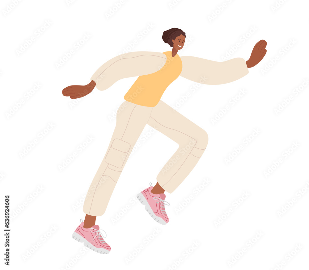 Smiling running young woman. African American girl wearing casual running. Healthy lifestyle, leisure time, outdoor sport. Colored flat cartoon vector illustration isolated on white background.
