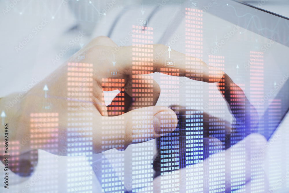 Multi exposure of man's hands holding and using a phone and financial chart drawing. Market analysis concept. Multi exposure of man's hands holding and using a phone and financial chart drawing. Market analysis concept.