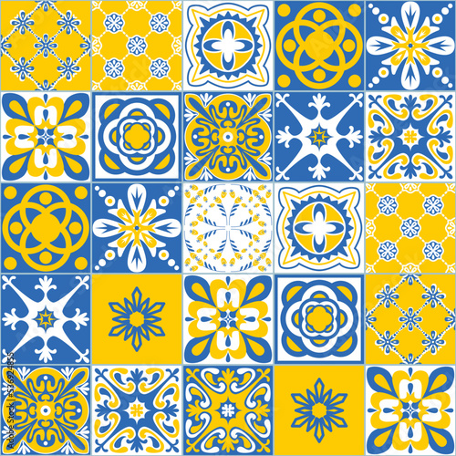 Azulejo talavera ceramic tiles spanish traditional pattern, blue yellow vintage background, vector illustration