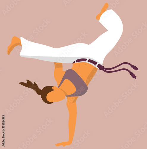 Woman doing capoeira handstand kick. Vector illustration from a jung girl who performing capoeira movement.