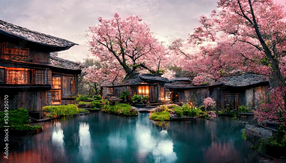 Naklejka premium Japonese garden with cherry blossom, sakura, with water lake and japonese houses
