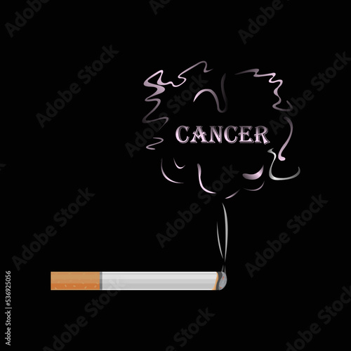 Cigarette with white abstract smoke and word cancer inside it, on a black background.