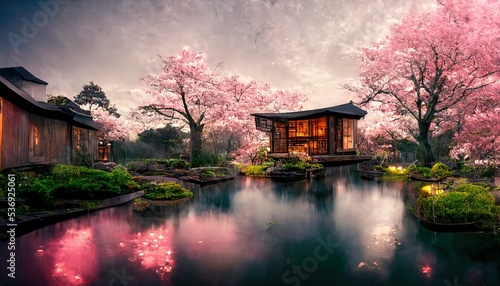 Japonese garden with cherry blossom, sakura, with water lake and japonese houses photo