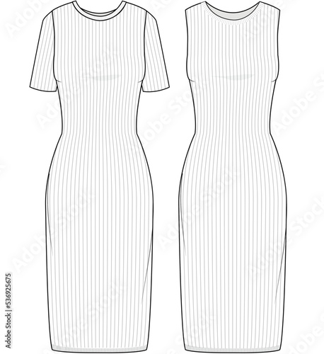 Short Sleeve Bodycon Rib Dress, Sleeveless Tight Rib Dress, Rib Dress Sets Fashion Illustration, Vector, CAD, Technical Drawing, Flat Drawing, Template, Mockup.
