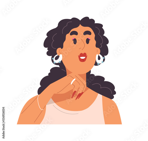 Happy woman face avatar. Expressive sexy girl portrait. Young extravagant female character with bright makeup, long red nails and lips, earrings. Flat vector illustration isolated on white background