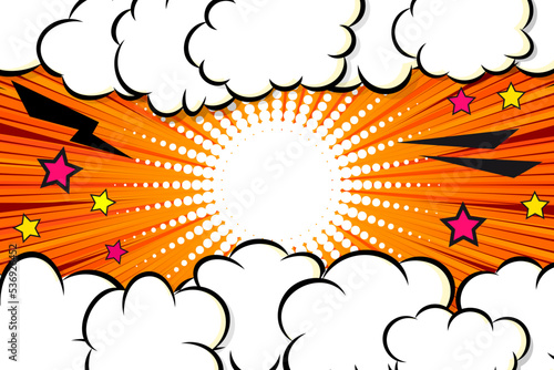 Comic cloud frame with lightning and stars on halftone rays background. Design template vector art illustration.