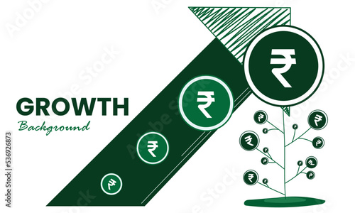 Money Growth Concept. Indian rupee growing on plant with growth arrow. Vector illustration of investment and analysis money cash profits. Financial Investments. 